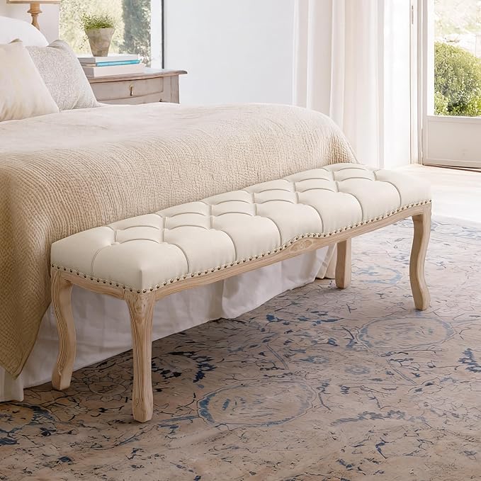 Bedroom Bench, French Vintage Entryway Bench 52.5" Carving Upholstered End of - Image 2
