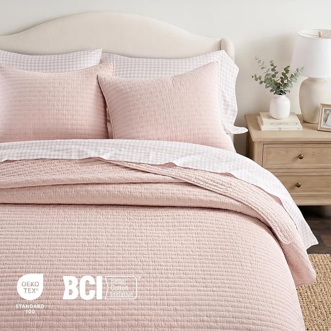 100% Cotton Cross Stitch 3-Piece Quilt Set, Ballet Pink | 100% Cotton, Elegant - Image 4
