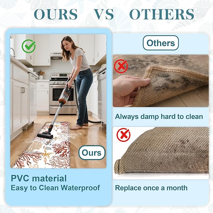 Kitchen Mats for Floor Cushioned Anti Fatigue Sets of 2 Coastal Kitchen Rugs Non Slip Waterproof Nautical Foam Kitchen Floor Rug Beach Theme Coral Fish Comfort Standing Mat for Sink Laundry, Red