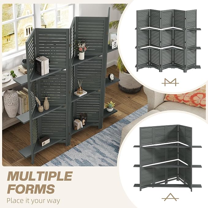 HOMCOM Room Divider with Shelves, 5 Panel, 3 Display Shelves, Folding Storage - Image 6