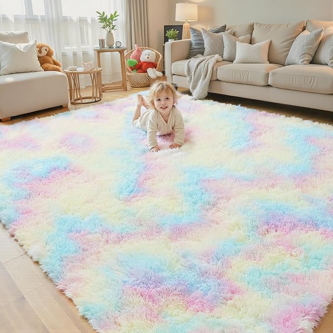 8x10 Area Rugs for Living Room, Rainbow Large Shaggy Carpet Plush Furry Rug | by Junhejiamei
