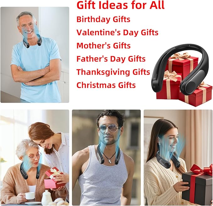 Portable Neck Fan,Personal Wearable Bladeless Fan,LED Display,4-Speeds,6000mAh USB Rechargeable,360° Strong Cooling Wind,Hands Free,White Elephant Gift,Christmas Gifts for Men Women Dad Mom (Black)