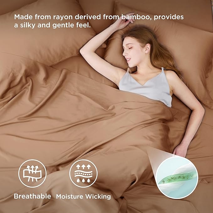 Bedsure King Size Sheets Set, Cooling Sheets for Hot Sleepers, Rayon Derived from Bamboo, Breathable & Soft, Deep Pocket Up to 16 Inches, Hotel Luxury Silky Bedding, Khaki