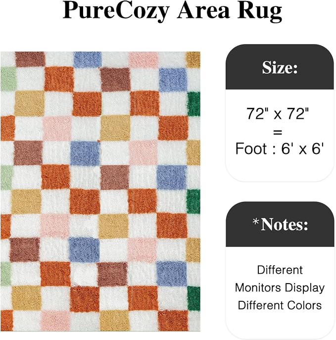 Colorful Round Rug 6ft for Bedroom Soft Checkered Shag Carpet | Machine Washable - Image 3