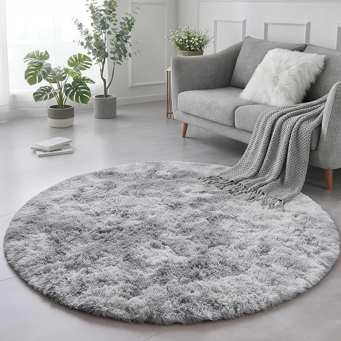 Amdrebio Tie-Dyed Light Grey Fluffy Area Round Rug 5Ft - Image 5