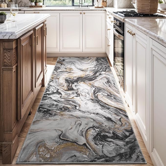 2x10 Runner Rug for Hallways Kitchen Modern Abstract Washable Runner Rug Blue Soft Non Slip Marble Carpet Runner for Laundry Entryway Bedroom Bathroom