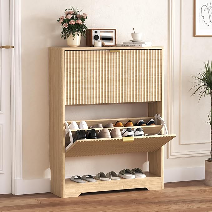 Shoe Cabinet Storage for Entryway with 2 Flip Drawers, Fluted Shoe Cabinet with Open Storage, Wooden Hidden Shoe Rack Freestanding Narrow Slim Shoe Organizer for Hallway, Entrance