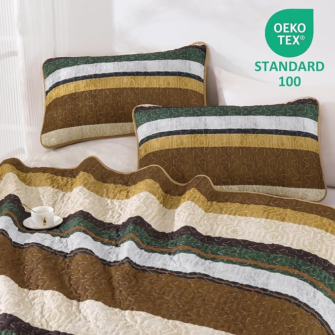 Dobuyly Queen Stripe Quilt Bedding Set, Boho Brown Lightweight Bedspread | - Image 3