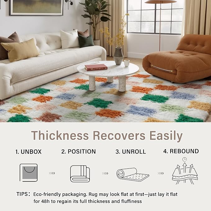 Colorful Round Rug 6ft for Bedroom Soft Checkered Shag Carpet | Machine Washable - Image 5