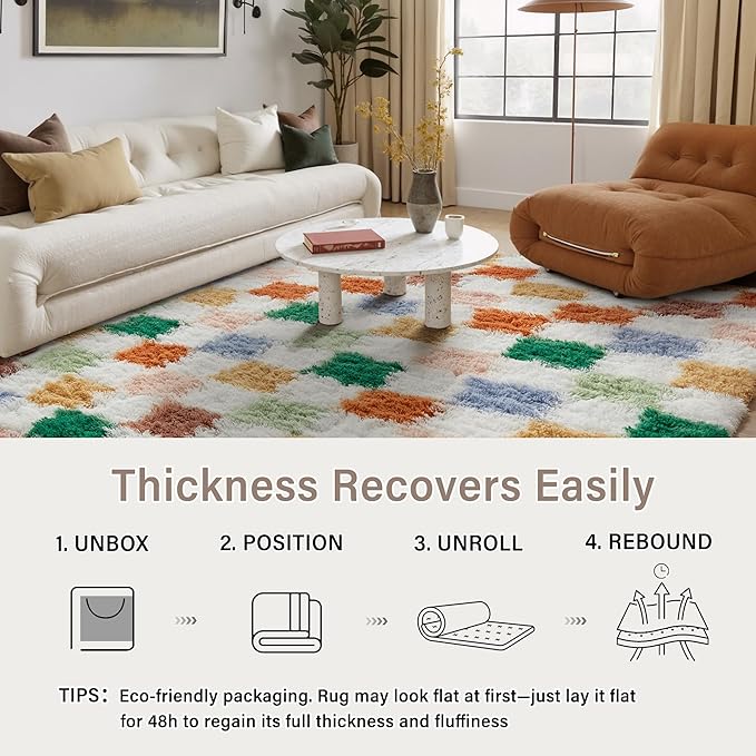 Colorful Area Rug 9x12 for Living Room Soft Checkered Shag Carpet | Machine - Image 6
