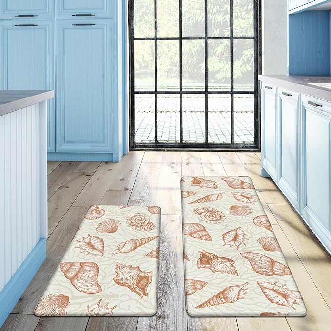 Kitchen Mats for Floor Cushioned Anti Fatigue Sets of 2 Beach Theme Kitchen Rugs Non Slip Waterproof Coastal Foam Kitchen Floor Rug Nautical Coral Seashell Comfort Standing Mat For Sink Laundry, Coral