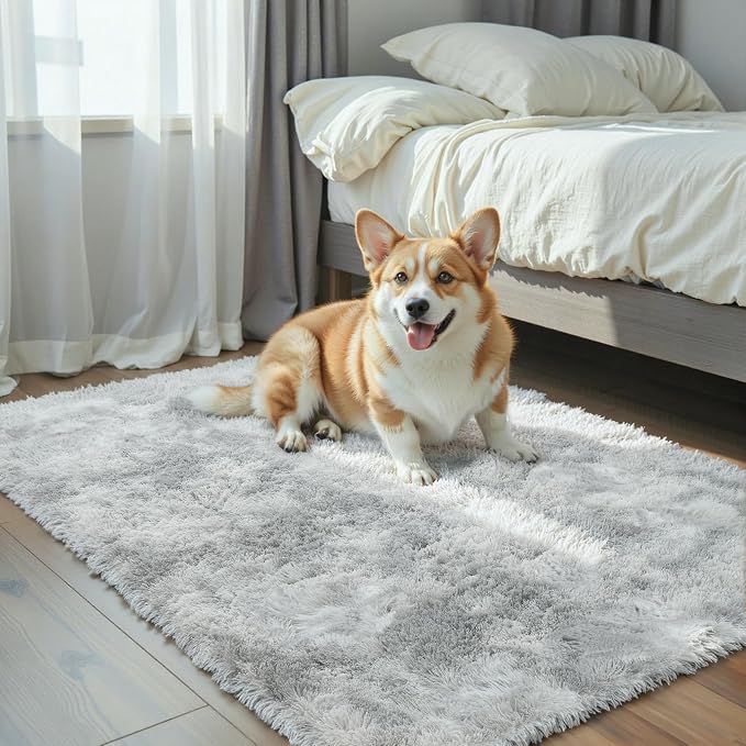 Small Shag Area Rug for Bedroom, 2x3 Light Grey Tie-Dyed Soft Plush Carpet | by Junhejiamei