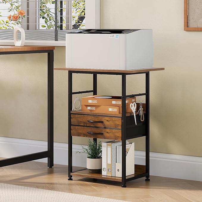 VENNQD Large Printer Stand with Storage Fabric Drawer Under Desk Printer Table with Wheels for Home Office, Printer Cart fit Fax Machine Scanner (Rustic Brown, 3 Tiers)