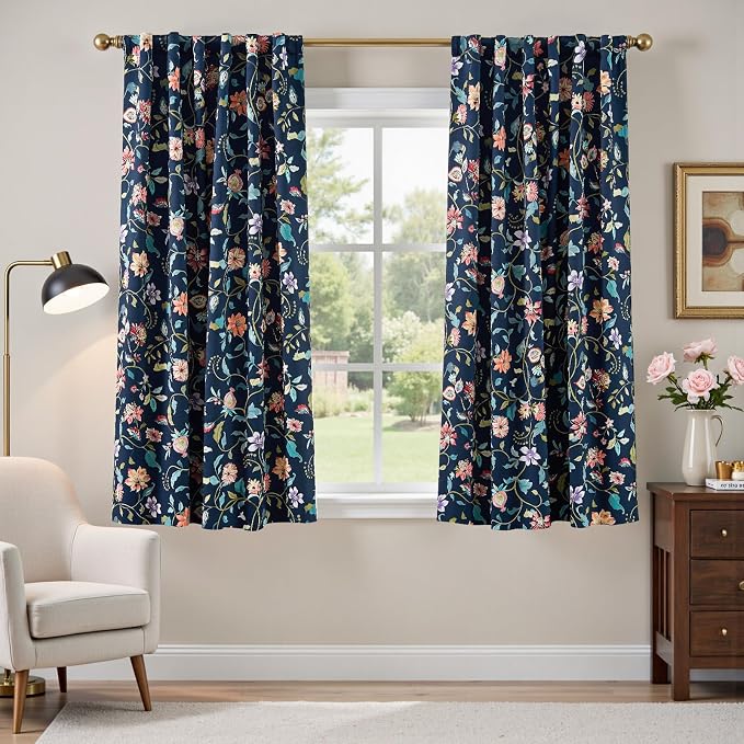 jinchan Dark Blue Floral Blackout Curtains 63 Inch Back Tab 2 Panels | Room - Image 2