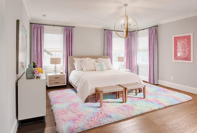 Rainbow Area Rugs for Living Room, 5x8 Fluffy Girls Bedroom Rug, Indoor Ultra - Image 8