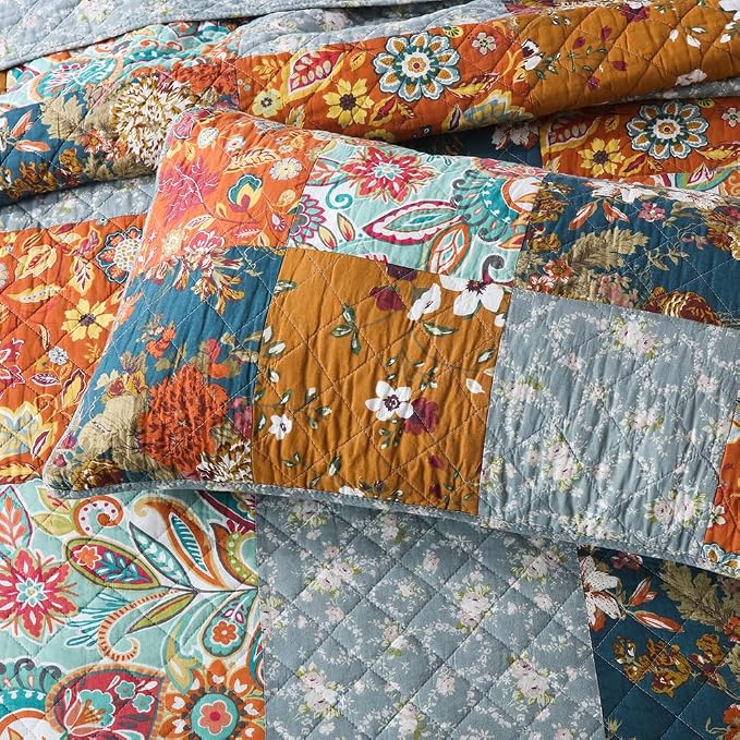 Autumn Dream Cotton Bedspread Yellow Grey Patchwork Quilt, King Size | Cotton - Image 5
