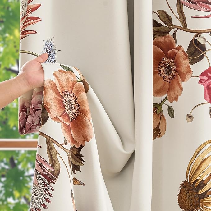 jinchan Beige Floral Blackout Curtains 96 Inch Vintage Grommet 2 Panels | Room - Image 2