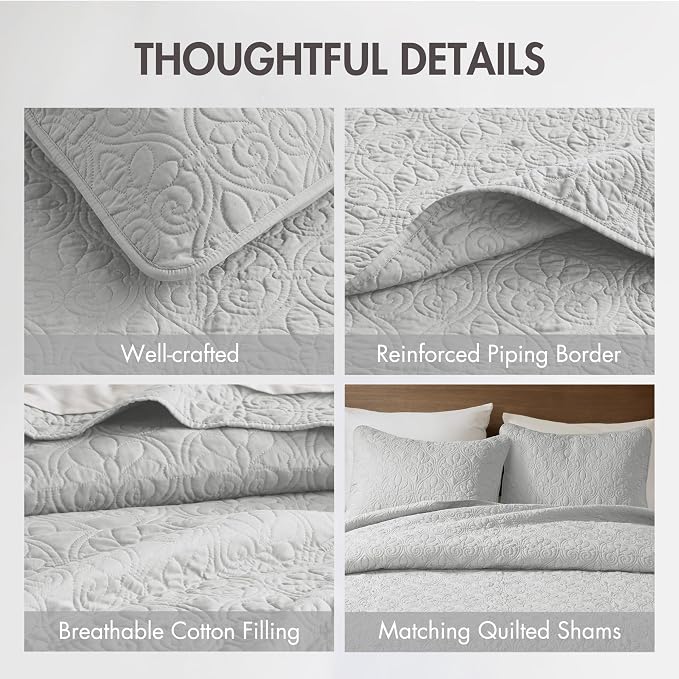 Madison Park Queen Quilt Bedding Set, Cottage-Inspired Damask, Classic Stitch - Image 4