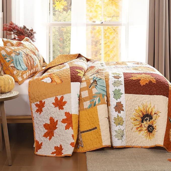 WONGS BEDDING Fall Thanksgiving King Quilt, Pumpkin Maple Leaves Bedspread | - Image 5