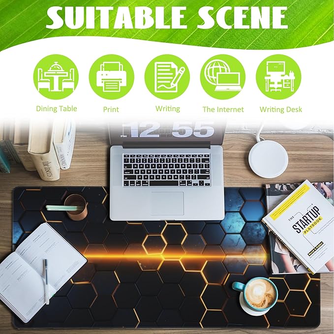 Eflxamz Large Gaming Mouse Pad,Golden Lines Honeycomb Technology Desk Mat,Honeycomb Technology Desk Pad,Extended Computer Keyboard Mouse Pad with Non-Slip Base and Stitched Edge,35.4"x15.7"