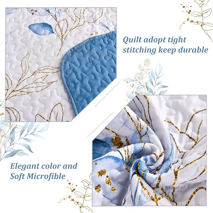 Anibedding Twin Quilt Set, 2 Pieces Blue Botanical Bedspread Bedding Set | Soft - Image 5