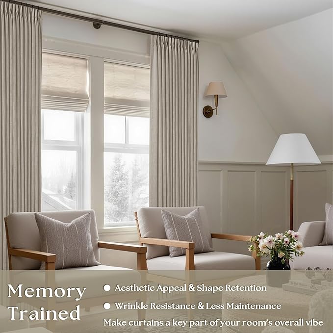 102 Inch Long Curtains Pinch Pleat Linen Curtains for Living Room Bedroom 2 Panels Tan Brown Burlywood Taupe Light Filtering Privacy 102 Inch Pleated Drapes Hooks Rings Back Tab for Sliding Door