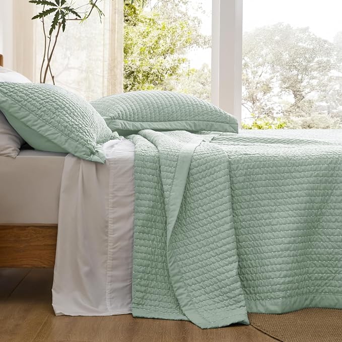 Bedsure Quilts Queen Size, Lightweight Striped Thin Comforter, Sage Green | - Image 2