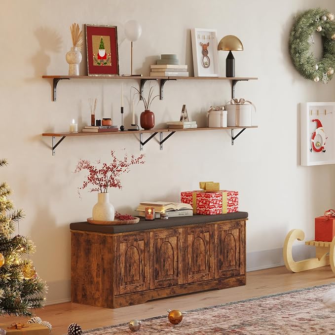 Long Wall Shelves, 55.1Inch Wooden Wall Mounted Shelves, Metal Brackets - Image 8