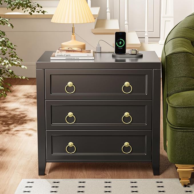 Huuger Night Stand with Charger Station and USB-C Port, 3 Drawer Nightstand | - Image 6