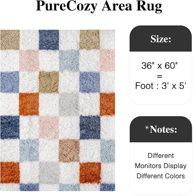 Checkered Area Rug 3x5 for Kids Room Soft Fluffy Shag Carpet | Machine Washable - Image 3