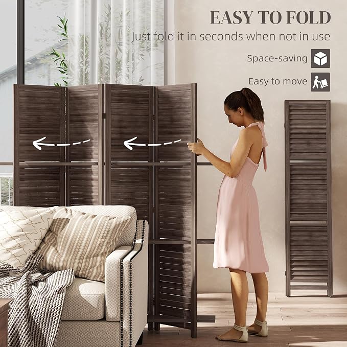 HOMCOM Room Divider with Shelves, 4 Panel, Walnut | Wood Privacy Screen - Image 4