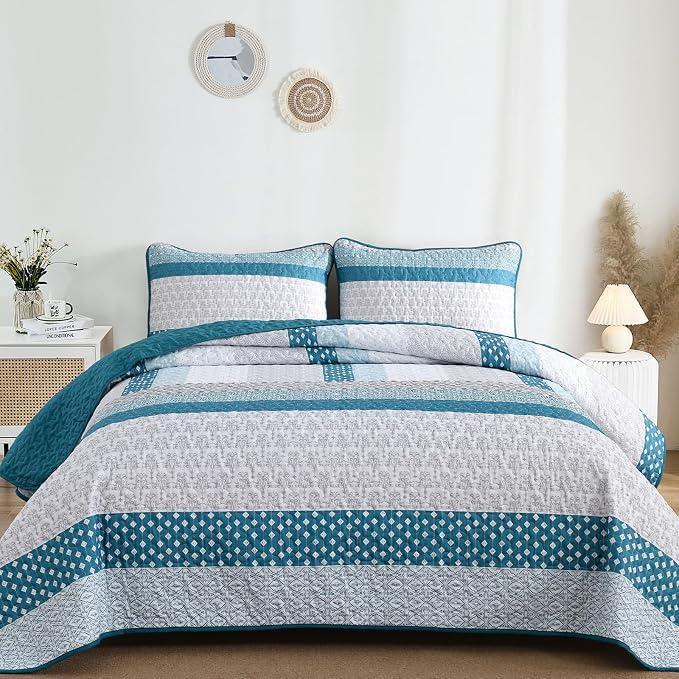 WONGS BEDDING Teal Blue King Size 3-Piece Quilt Set, Boho Stripe Bedspread | - Image 2