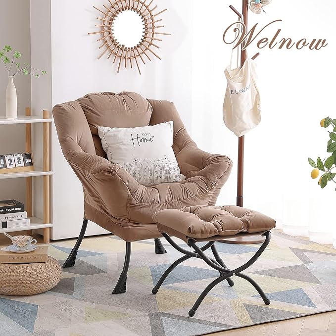 Welnow Lazy Chair with Ottoman, Reading Chair with Footrest, Khaki Velvet | A - Image 7