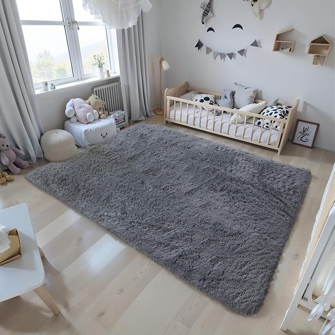 Grey Fluffy Large Area Rug 8x10, Soft Washable Shag Carpet | Cute plush fuzzy - Image 6