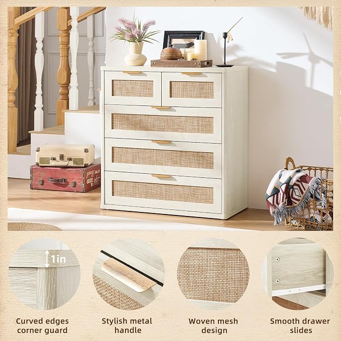 LEYAOYAO Rattan Dresser for Bedroom, 33.5" Small Chest of Drawers | Gold Metal - Image 4