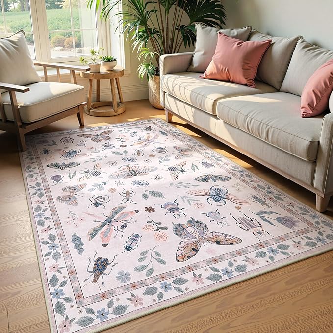 Lahome Insect Washable Small Area Rug, 3x5 Area Rugs for Bedroom Living Room, Non-Slip Soft Accent Throw Carpet for Kitchen Office Entryway Bathroom Office, Pink