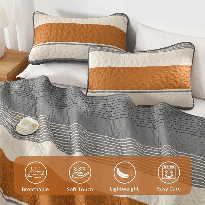 Dinjoy Queen Boho Striped Quilt Set, Breathable All-Season, 3-Piece Set Fits - Image 4