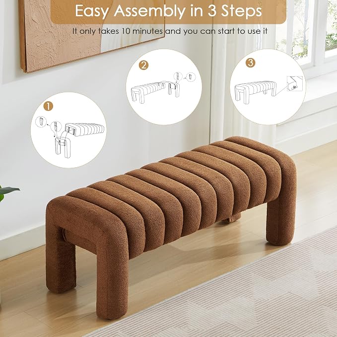 43" Upholstered Boucle Bench, Rust Brown | Padded Ottoman Bench, Sherpa Window - Image 6