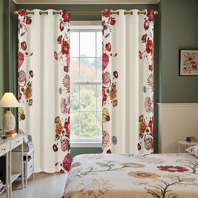 jinchan Beige Floral Blackout Curtains 96 Inch Vintage Grommet 2 Panels | Room - Image 4
