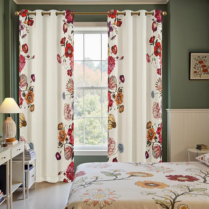 jinchan Beige Floral Blackout Curtains 84 Inch Vintage Grommet 2 Panels | Room - Image 4