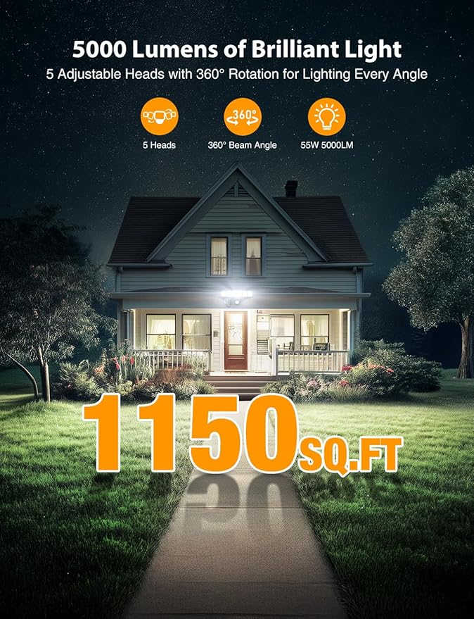 Onforu 5000LM Motion Sensor Outdoor Lights Plug in, 5 Head Motion Sensor Flood Light Outdoor with Remote, Dusk to Dawn Outdoor Lighting, IP65 Waterproof Motion Detector Lights for Outside, Black
