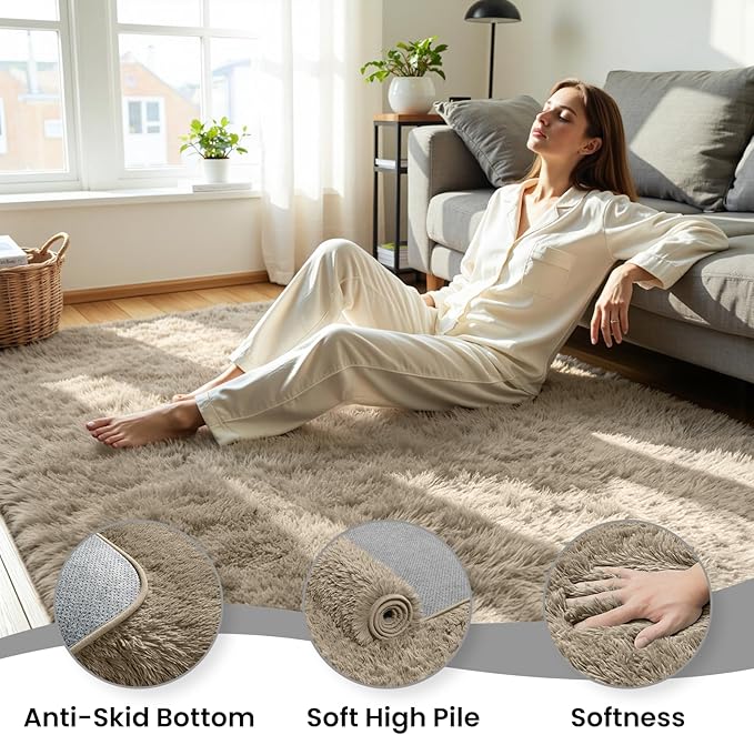 6x9 Fluffy Area Rug for Living Room: Non-Slip Grey Camel Bedroom Carpet | Ultra - Image 5
