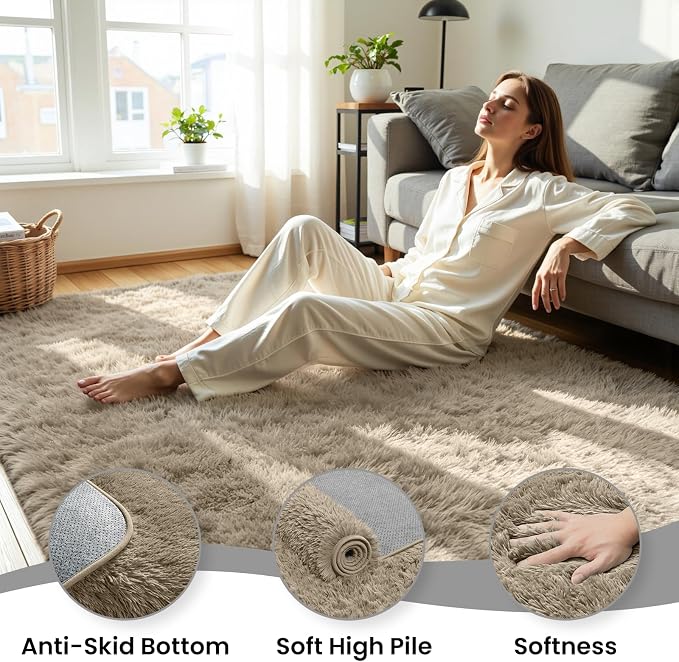 5x8 Fluffy Area Rug for Living Room: Non-Slip Grey Camel Bedroom Carpet | Ultra - Image 5