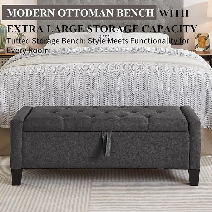 Modern Storage Ottoman Bench, Linen Upholstered End of Bed Bench - Image 3