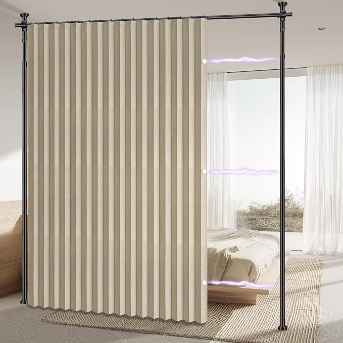 AJAZZ Room Divider Curtain+ Curtain Rods No Drilling Adjustable Tension 43-120× - Image 2