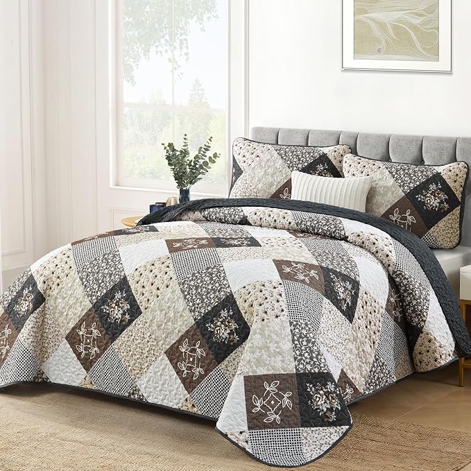 Dinjoy Patchwork Quilt Set Queen Size, Boho Bedding Set, Reversible Summer - Image 2