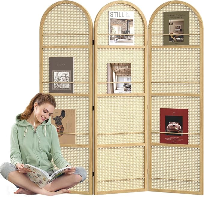 Rattan Room Divider with Built-in Bookshelf | Foldable Privacy Screen & by Svimi