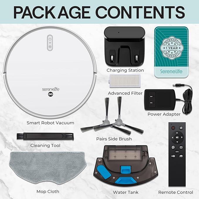 SereneLife Automatic Robot Vacuum Cleaner and Mop Combo, Pro Edition with Upgraded Battery, Extreme Suction, Internal Water Tank - Smart App Control, Ideal for Pet Hair, Carpet and Hard Floors, White