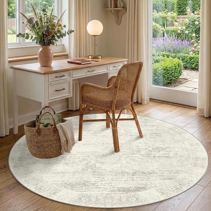 Latte&Fog 6ft Round Area Rug forBedroom Washable Circle Neutral Ivory Rug | Non - Image 4