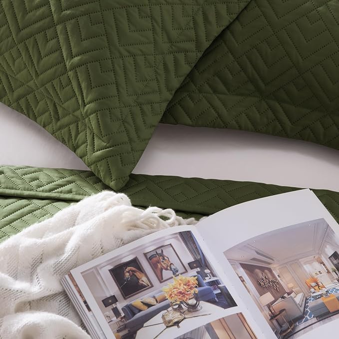 EXQ Home King Size Quilt Set Squares Pattern Bedding Set Forest Green | Soft - Image 7